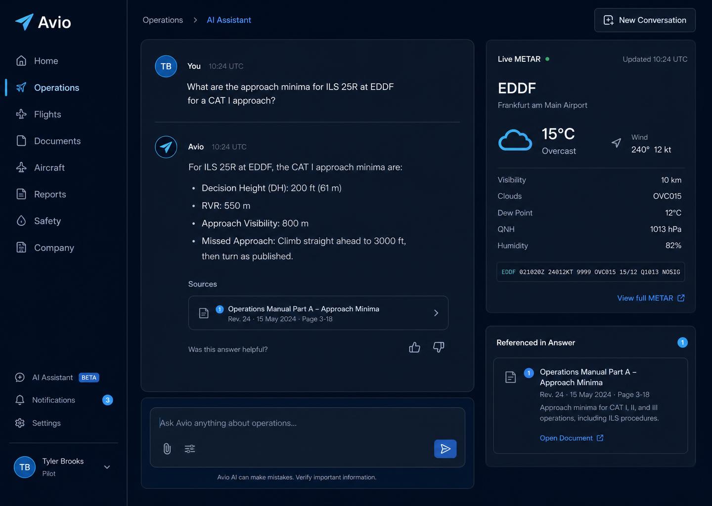 Avio answering a pilot's question about approach minima with citations to the operations manual and a live METAR panel
