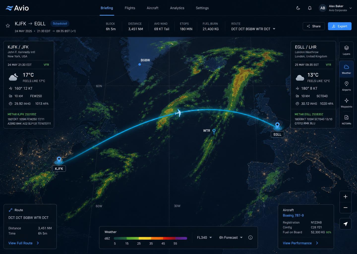Avio briefing map showing a route between two airports with live weather radar and airport weather panels